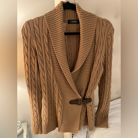 Lauren Ralph Lauren Sweaters - Lauren Ralph Lauren Camel Shawl Collar Cable Knit Cardigan with Buckle